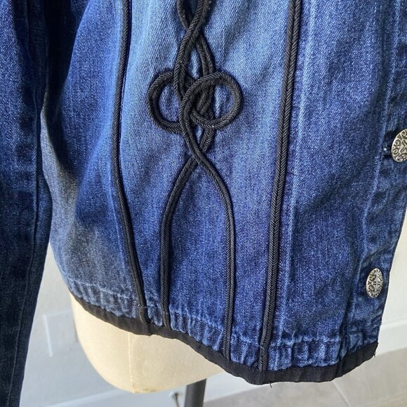 Chico's Denim Blue Jean Trucker Jacket Black Braid Trim Design Size 1. (M/L) - Picture 4 of 8